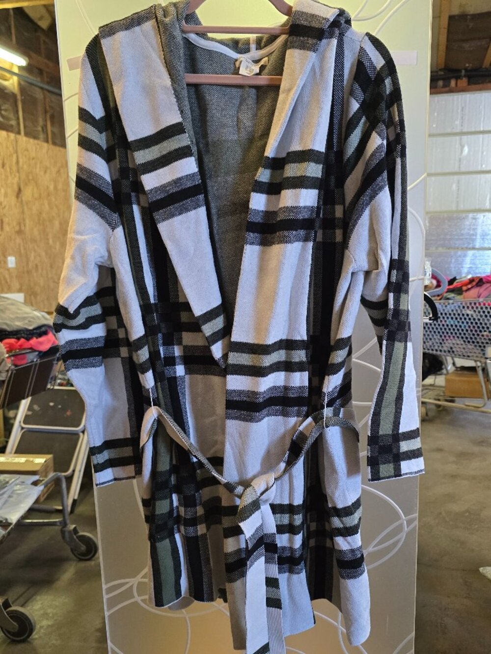 Christian Siriano Plaid Print Trench Coat hooded sweater jacket 2X green cream